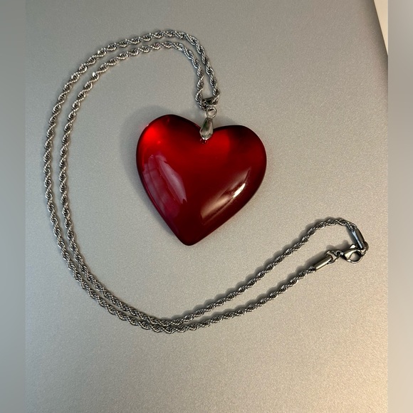 Big Red Crystal Glass Heart Charm Pendant Choker Necklace  Chunky Heart … - Picture 1 of 14